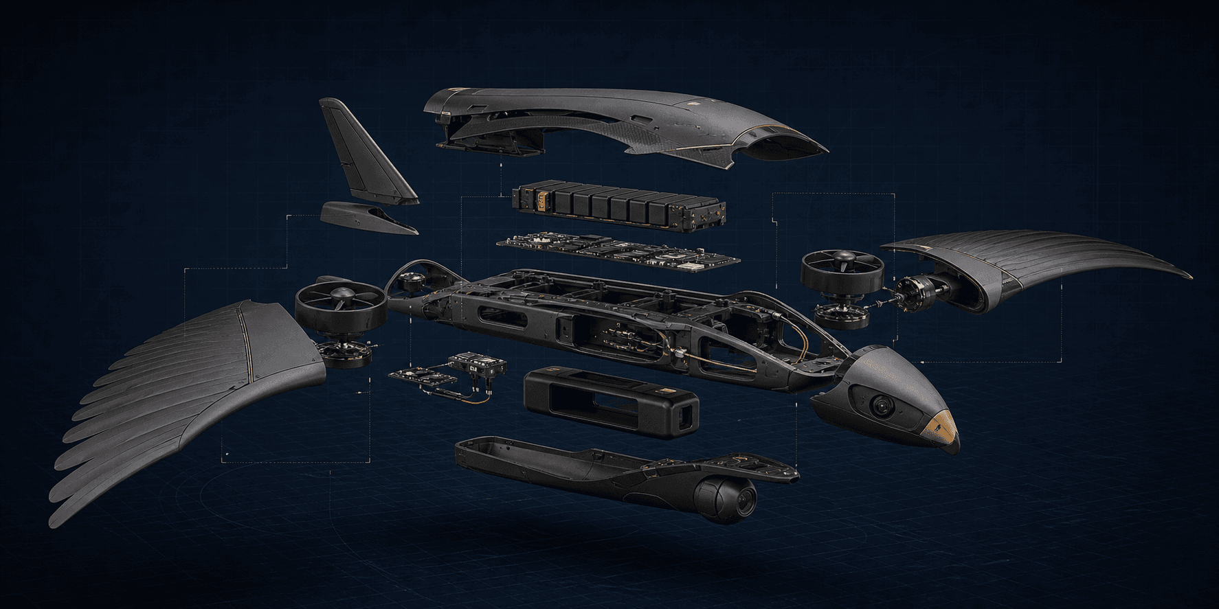 Exploded technical render of the Lindur Eagle-inspired drone system