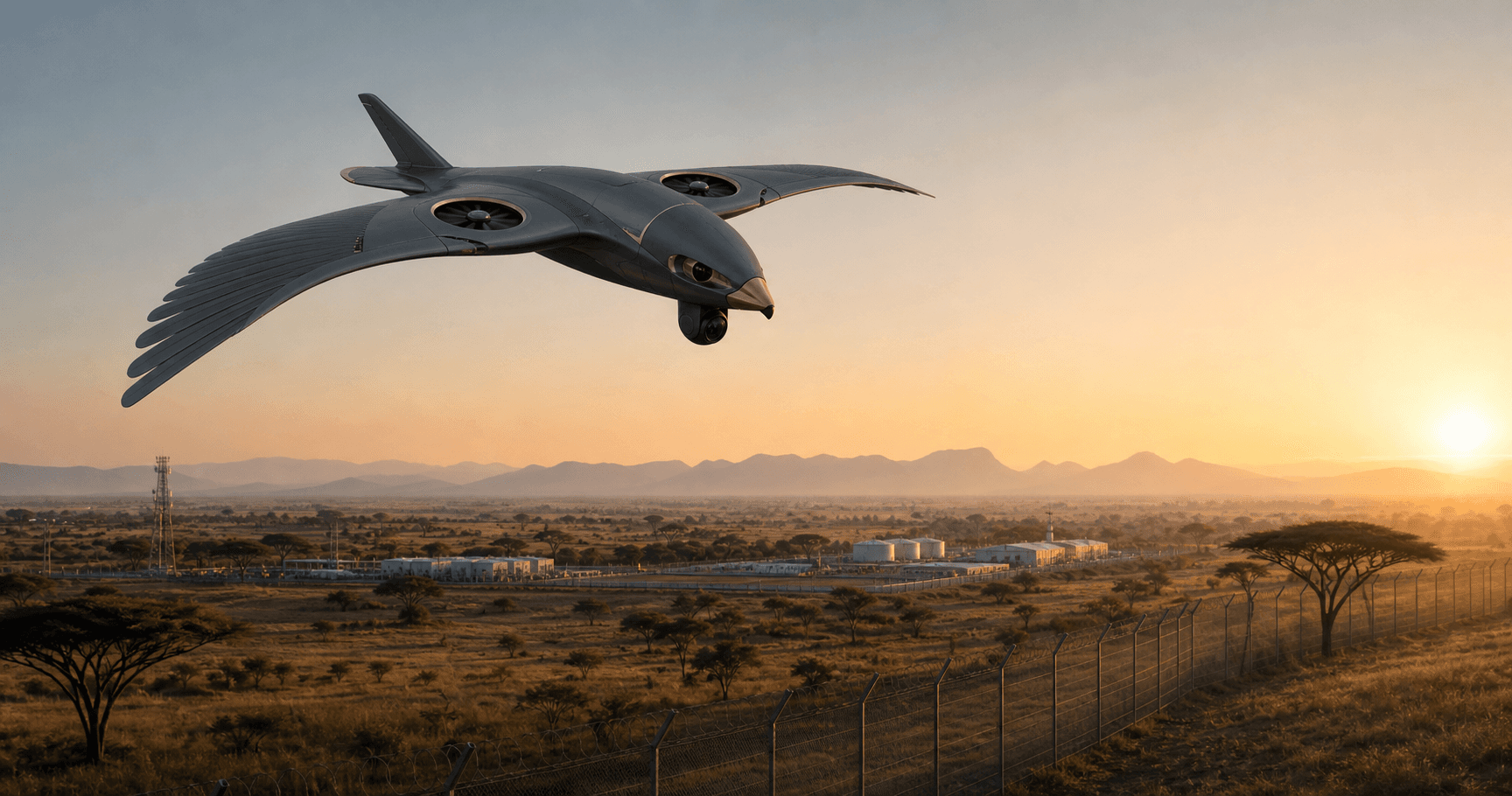 Lindur Eagle-inspired drone above a lawful infrastructure perimeter at sunrise